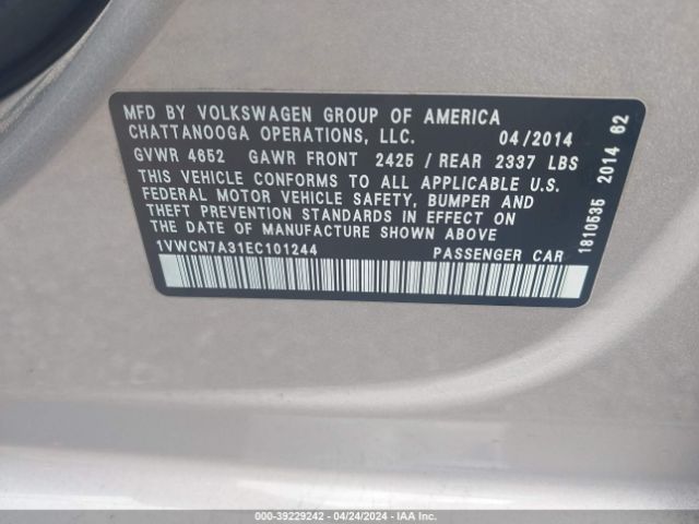 1VWCN7A31EC101244 Volkswagen Passat 2.0l Tdi Sel Premium