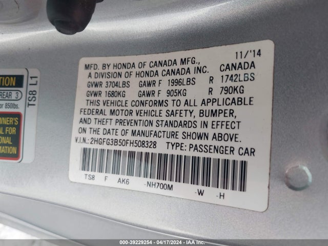 Honda Civic Lx 2015 2HGFG3B50FH508328 Image 9
