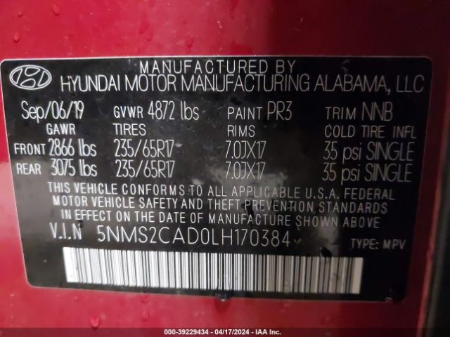 5NMS2CAD0LH170384 Hyundai Santa Fe Se