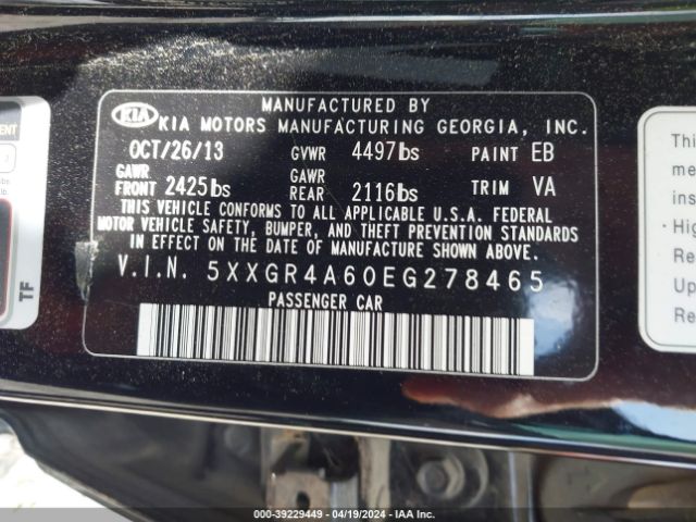 5XXGR4A60EG278465 KIA Optima Sxl Turbo