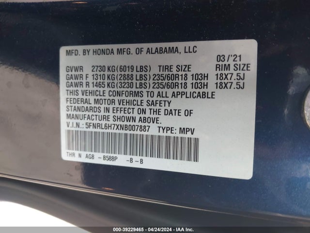 Honda Odyssey Ex-l 2022 5FNRL6H7XNB007887 Image 9