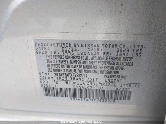 Nissan SENTRA S 2015 3N1AB7APXFY232724 Image 9
