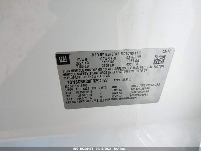 Chevrolet Tahoe Lt 2015 1GNSCBKC9FR294027 Image 9