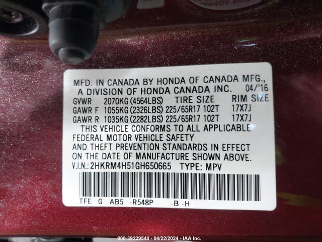 Honda CR-V EX 2016 2HKRM4H51GH650665 Image 9
