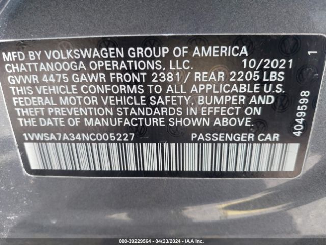 1VWSA7A34NC005227 Volkswagen Passat 2.0t Se