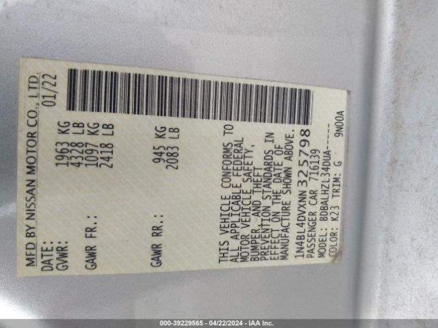 1N4BL4DVXNN325798 Nissan Altima Sv Fwd