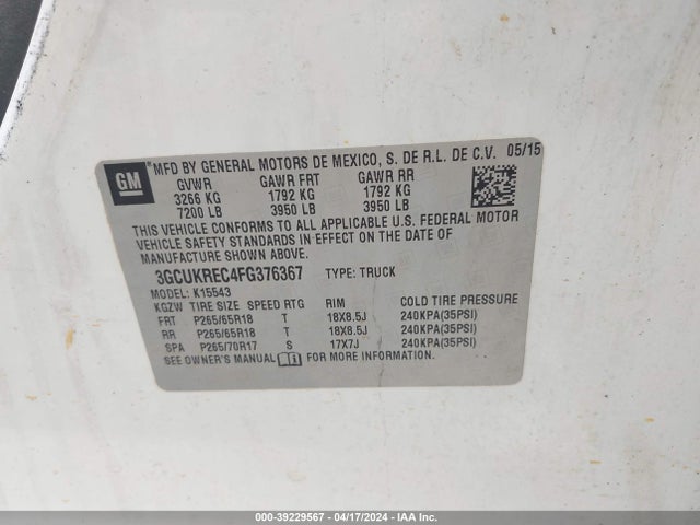 Chevrolet Silverado 1500 2lt 2015 3GCUKREC4FG376367 Image 9