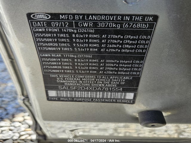 Продаж на аукціоні авто 2013 Land Rover Range Rover Sport Hse, vin: SALSF2D4XDA781554, номер лоту: 39229571