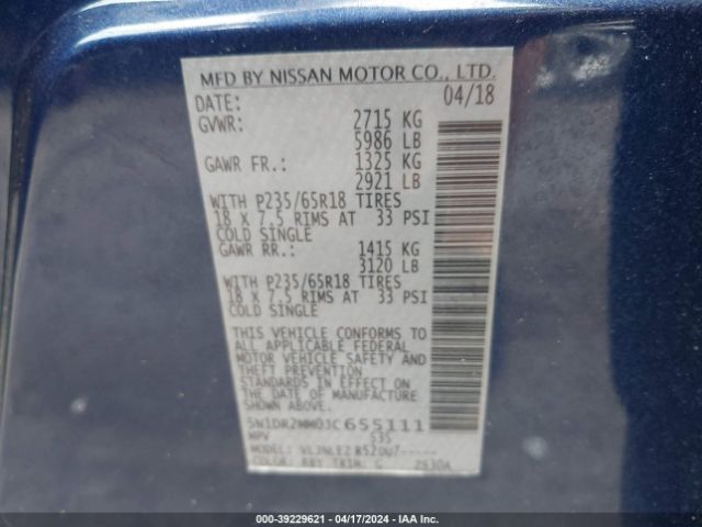 5N1DR2MM0JC655111 Nissan Pathfinder Sv