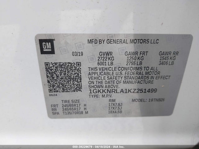 GMC Acadia Sle-1 2019 1GKKNRLA1KZ251499 Image 9