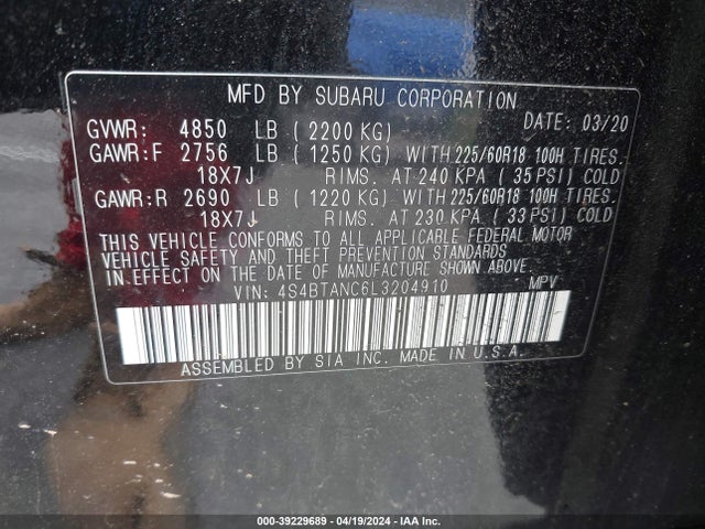Subaru Outback Limited 2020 4S4BTANC6L3204910 Image 9