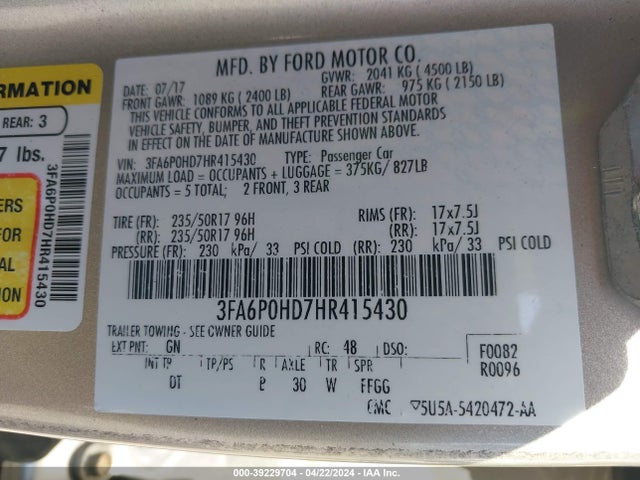 Ford FUSION SE 2017 3FA6P0HD7HR415430 Image 9