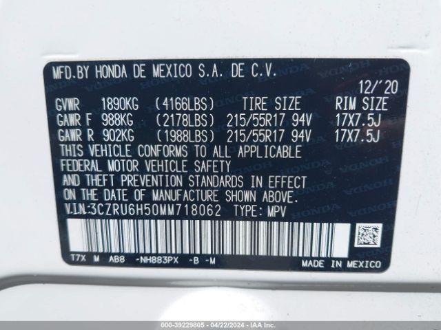 3CZRU6H50MM718062 Honda Hr-v Awd Ex