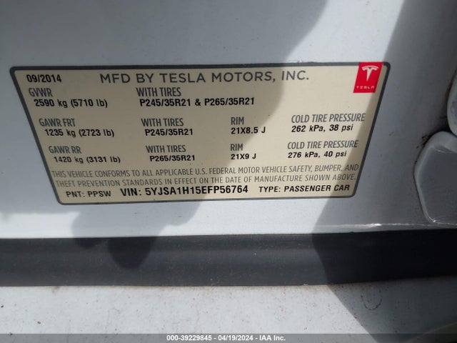 Tesla Model S P85 2014 5YJSA1H15EFP56764 Image 9