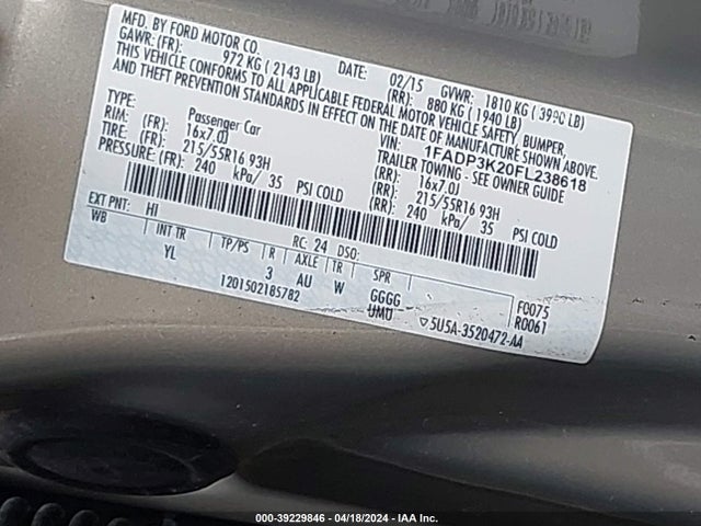 Ford FOCUS SE 2015 1FADP3K20FL238618 Image 9