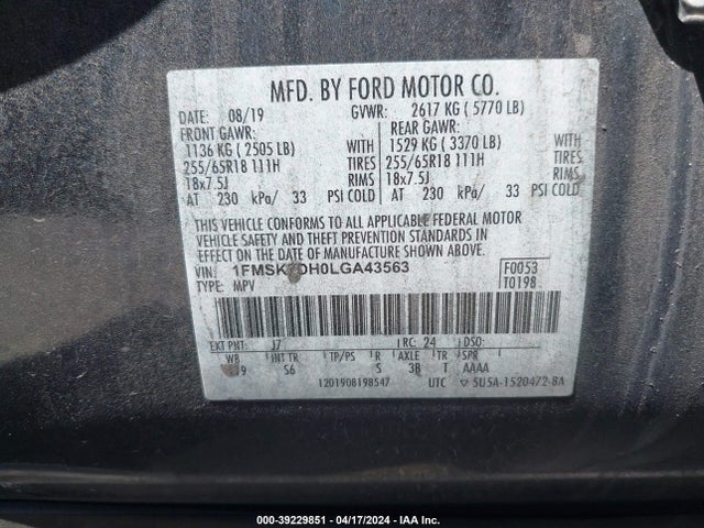 Ford EXPLORER XLT 2020 1FMSK7DH0LGA43563 Image 9