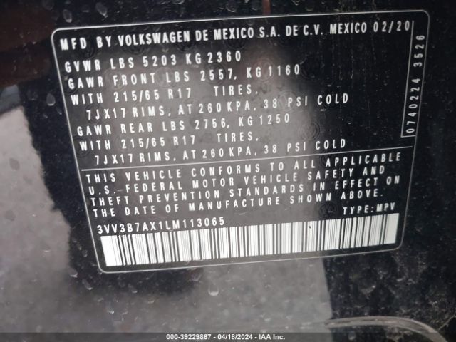 3VV3B7AX1LM113065 Volkswagen Tiguan 2.0t Se/2.0t Se R-line Black/2.0t Sel