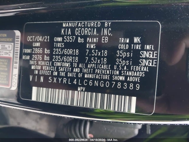 KIA SORENTO S 2022 5XYRL4LC6NG078389 Image 9