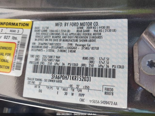 3FA6P0H71KR152031 Ford FUSION SE