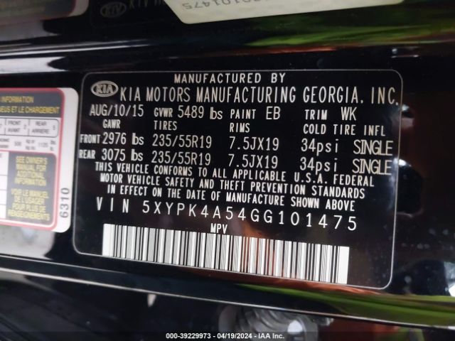 5XYPK4A54GG101475 KIA Sorento 3.3l Sxl