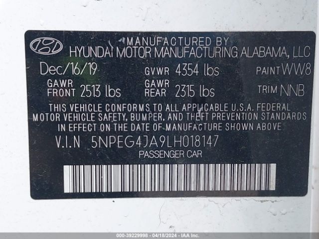 5NPEG4JA9LH018147 Hyundai SONATA SE