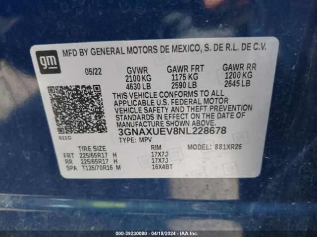 3GNAXUEV8NL228678 Chevrolet Equinox Awd Lt