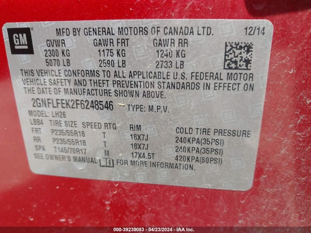 Chevrolet EQUINOX 1LT 2015 2GNFLFEK2F6248546 Image 9