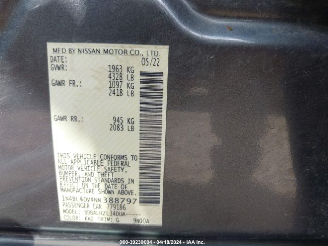 1N4BL4DV4NN388797 Nissan Altima Sv Fwd