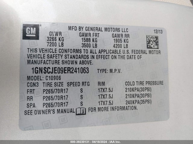 Chevrolet Suburban 1500 Lt 2014 1GNSCJE09ER241063 Image 9