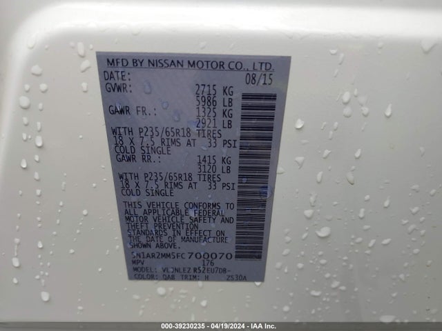 Nissan Pathfinder Sv 2015 5N1AR2MM5FC700070 Image 9