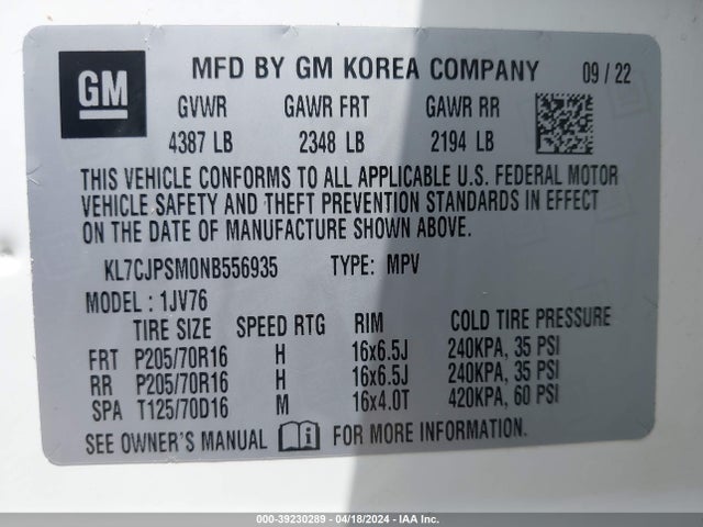 Chevrolet Trax Awd Lt 2022 KL7CJPSM0NB556935 Image 9