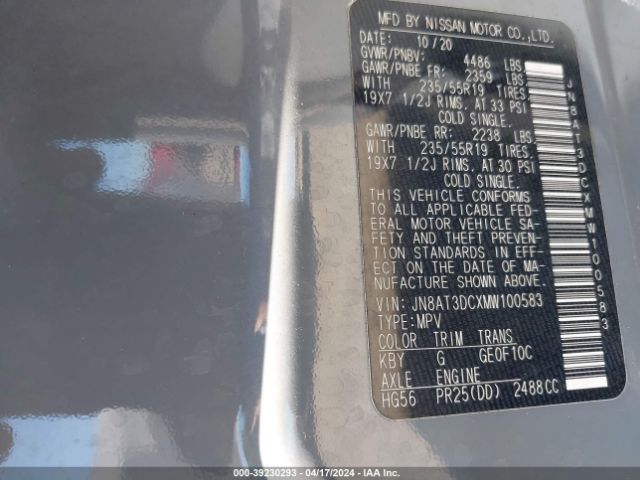 JN8AT3DCXMW100583 Nissan Rogue Platinum Fwd