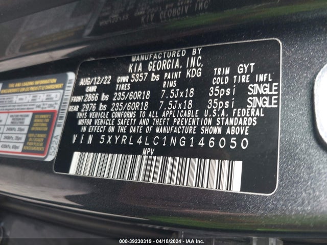 KIA SORENTO S 2022 5XYRL4LC1NG146050 Image 9