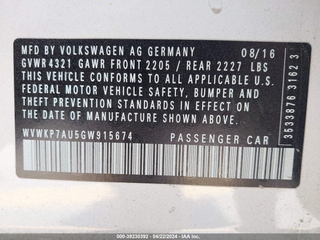 WVWKP7AU5GW915674 Volkswagen E-golf Se