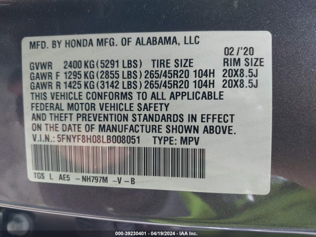 Honda Passport Awd Elite 2020 5FNYF8H08LB008051 Image 9