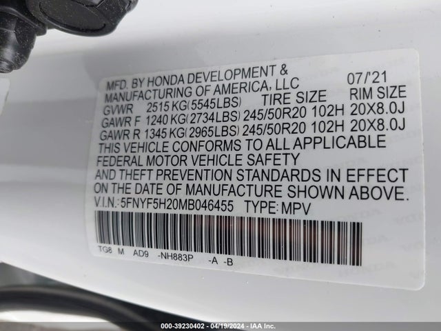 Honda Pilot 2wd Special Edition 2021 5FNYF5H20MB046455 Image 9