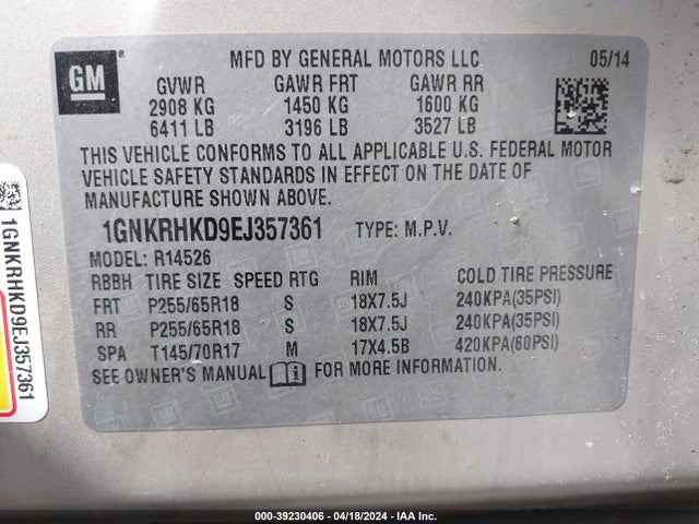 Chevrolet Traverse 2lt 2014 1GNKRHKD9EJ357361 Image 9