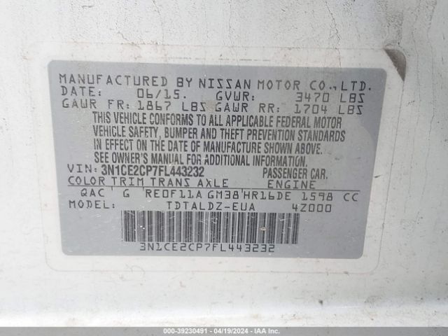 3N1CE2CP7FL443232 Nissan Versa Note Sv