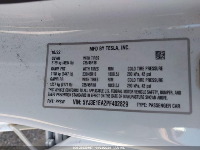 5YJ3E1EA2PF402829 Tesla Model 3 Rear-wheel Drive