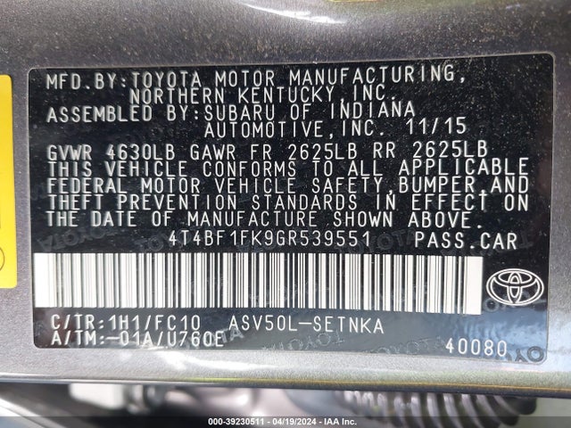 Toyota CAMRY LE 2016 4T4BF1FK9GR539551 Image 9