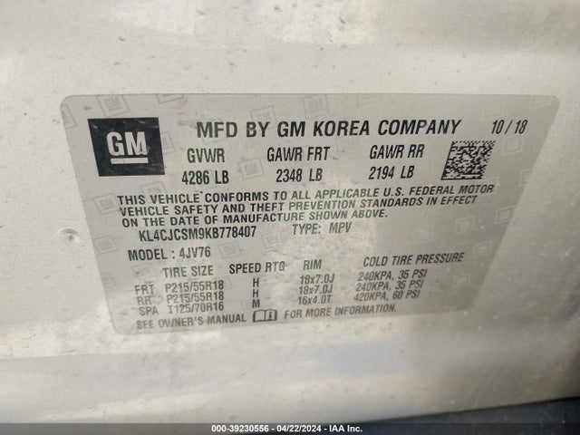 KL4CJCSM9KB778407 Buick Encore Fwd Essence