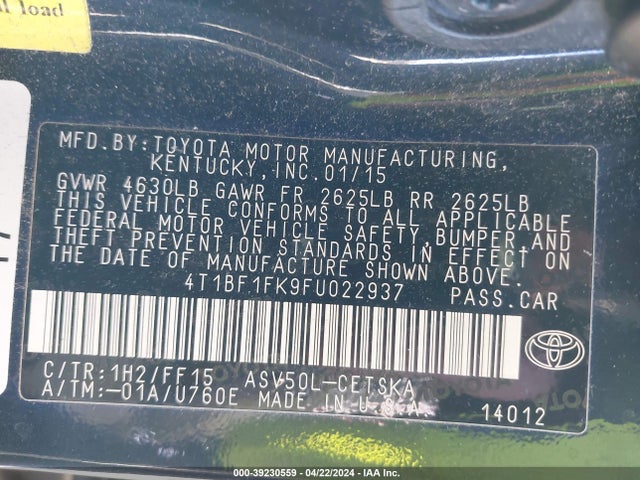 Toyota CAMRY SE 2015 4T1BF1FK9FU022937 Image 9