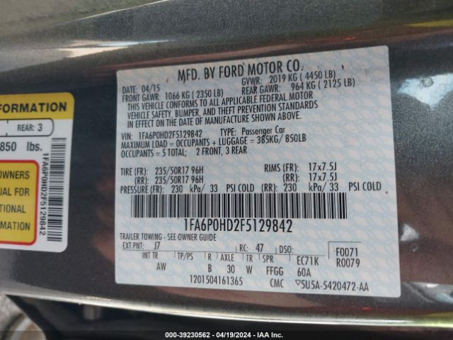 1FA6P0HD2F5129842 Ford FUSION SE