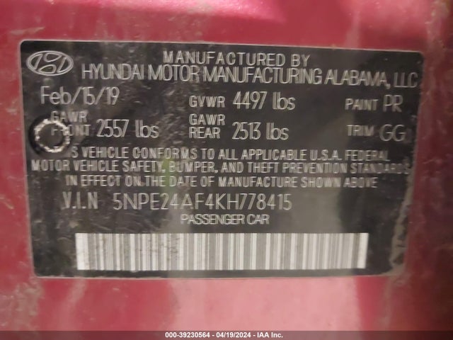 Hyundai SONATA SE 2019 5NPE24AF4KH778415 Image 9
