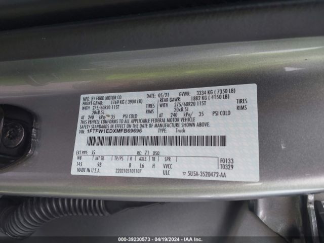 1FTFW1EDXMFB69696 Ford F-150 Platinum