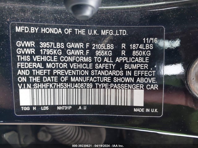 Honda CIVIC EX 2017 SHHFK7H53HU408789 Image 9