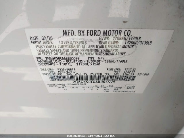 Aukcja sprzedaży 2010 Ford Flex Se, vin: 2FMGK5BC6ABB05599, numer aukcji: 39230646