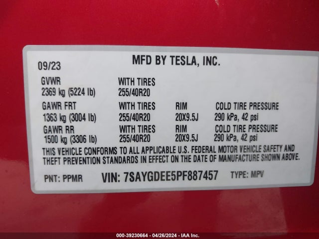 7SAYGDEE5PF887457 Tesla Model Y Awd/long Range Dual Motor All-wheel Drive