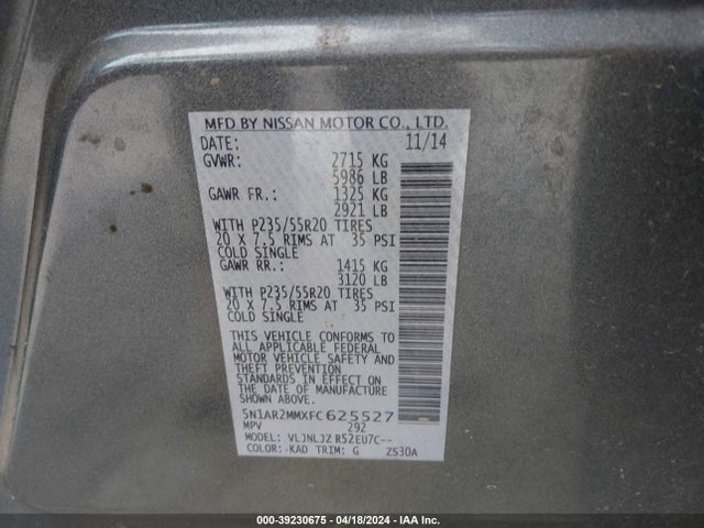 Nissan Pathfinder Platinum 2015 5N1AR2MMXFC625527 Image 9