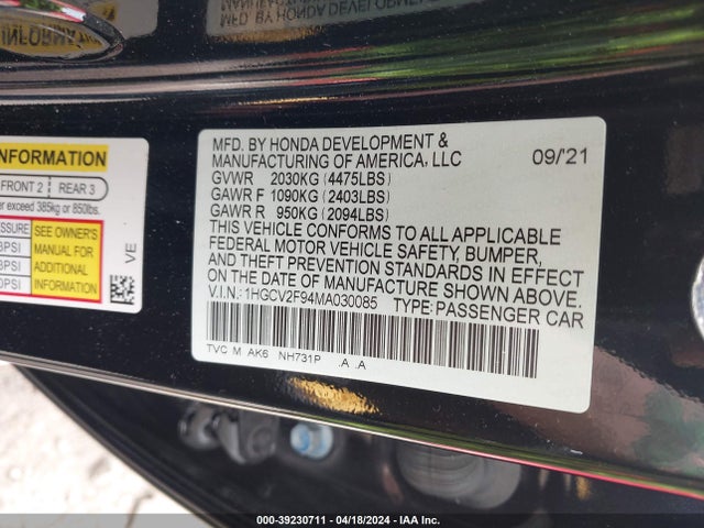 Honda Accord Touring 2021 1HGCV2F94MA030085 Image 9